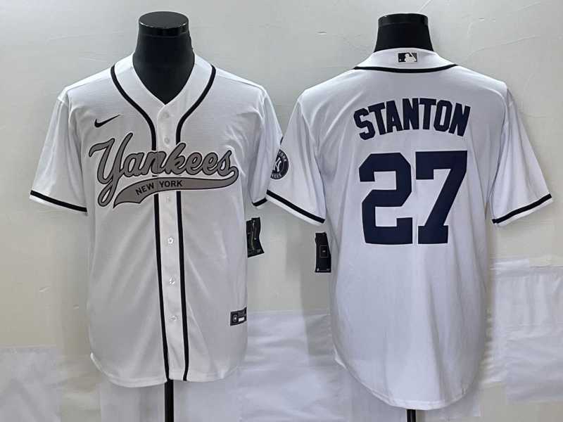 Mens New York Yankees #27 Giancarlo Stanton White With Patch Cool Base Stitched Baseball Jersey